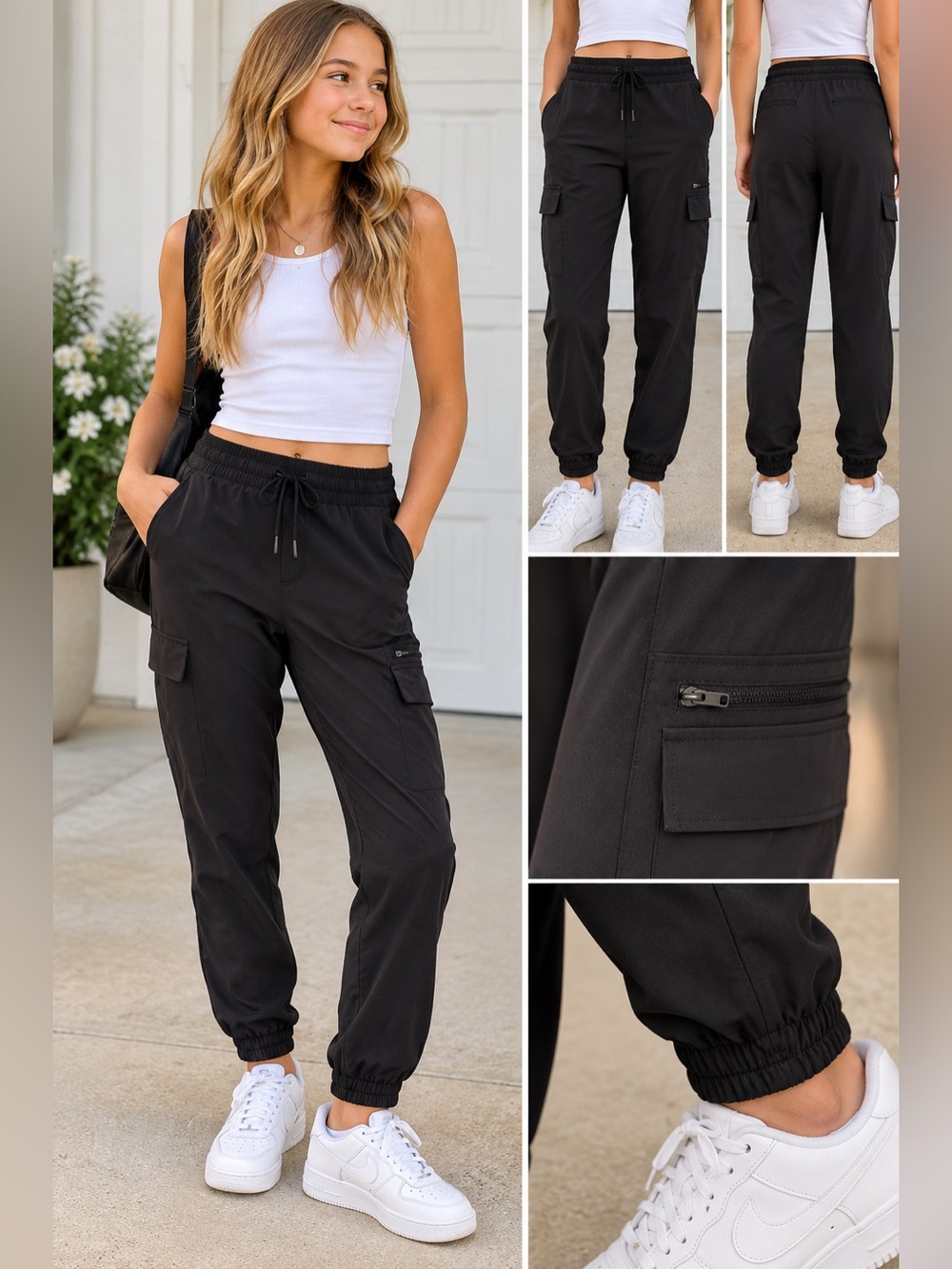 All in Motion Girls Black Cargo Jogger Pants XL 14